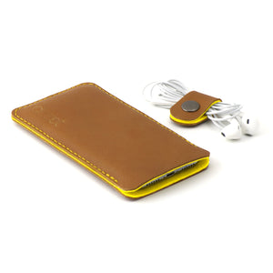 JACCET leather Samsung Galaxy sleeve - Cognac color leather with yellow wool felt - 100% Handmade