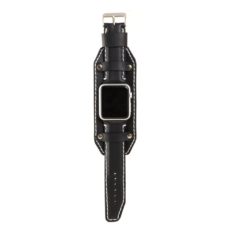 Apple Watch strap Full Grain leather black cuff model. Compatible with all series
