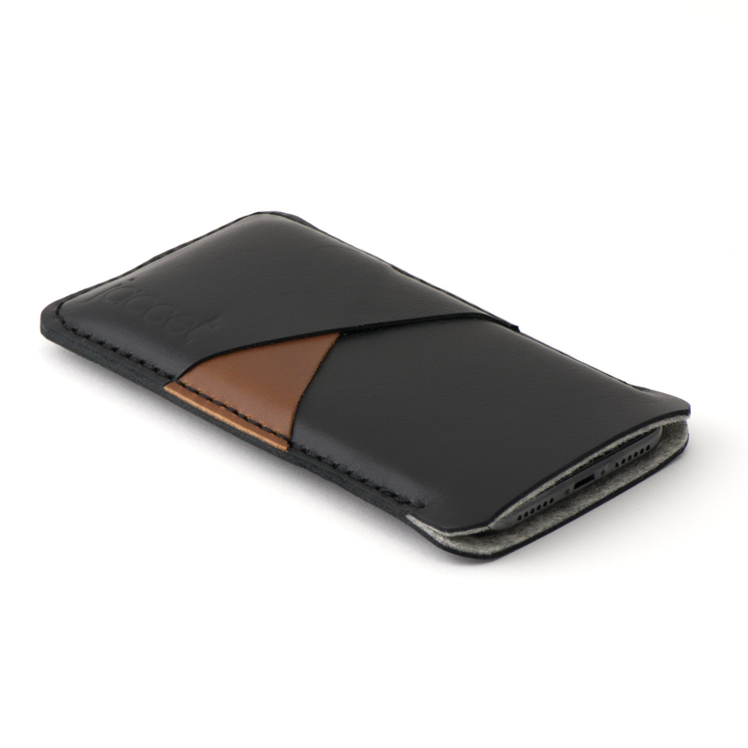Full-grain leather Google Pixel sleeve - Black leather with two pockets voor cards