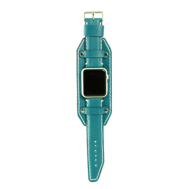 Apple Watch strap Full Grain leather turquoise cuff model. Compatible with all series