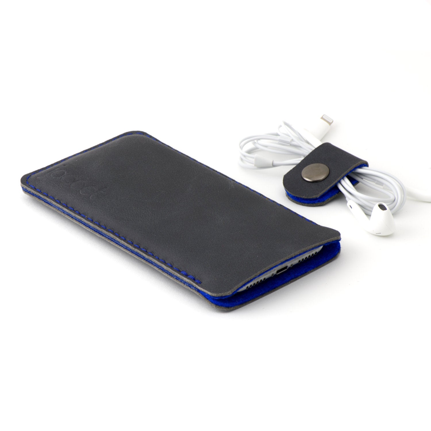 JACCET leather iPhone sleeve - anthracite/black leather with blue wool felt. 100% Handmade