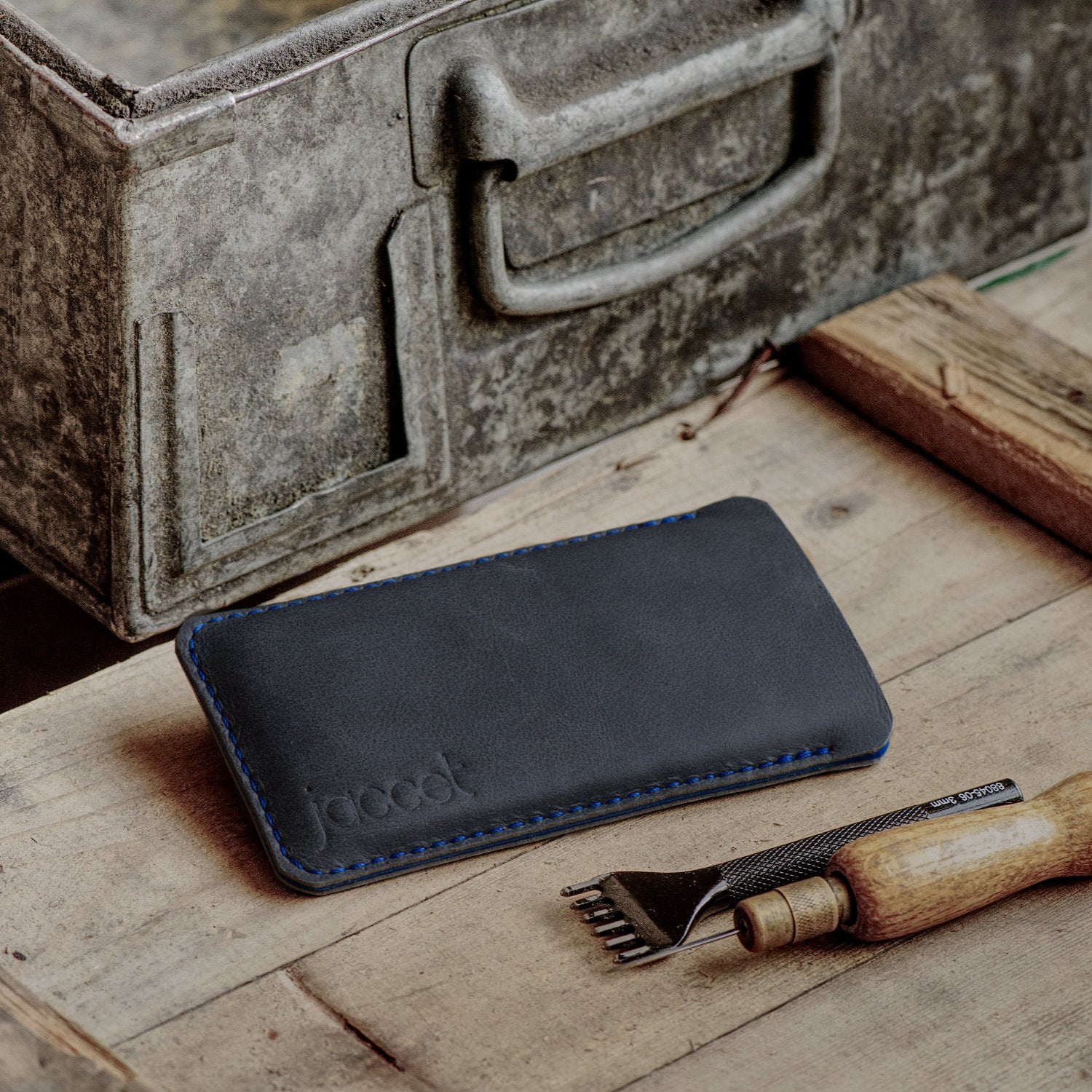 JACCET leather iPhone sleeve - anthracite/black leather with blue wool felt. 100% Handmade