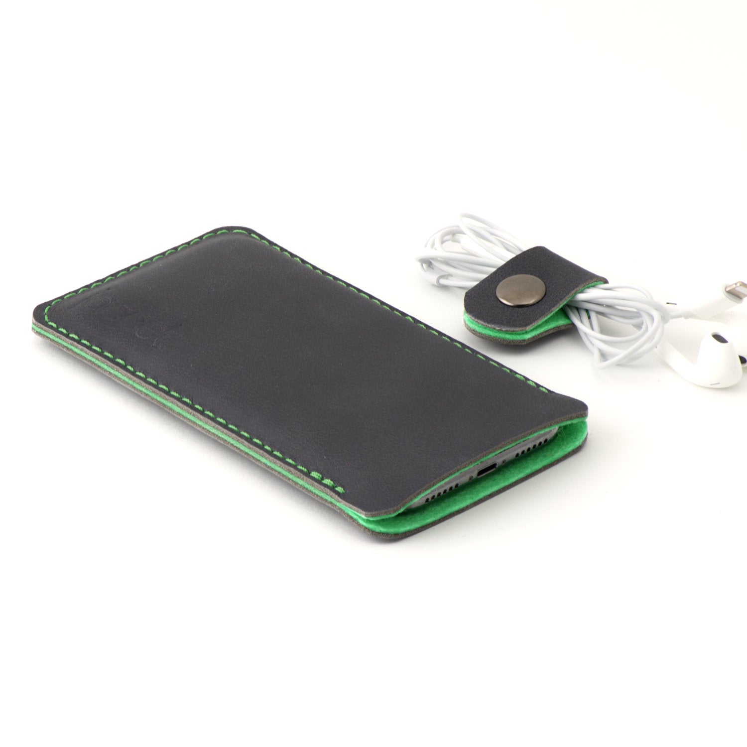 JACCET leather iPhone sleeve - anthracite/black leather with green wool felt. 100% Handmade