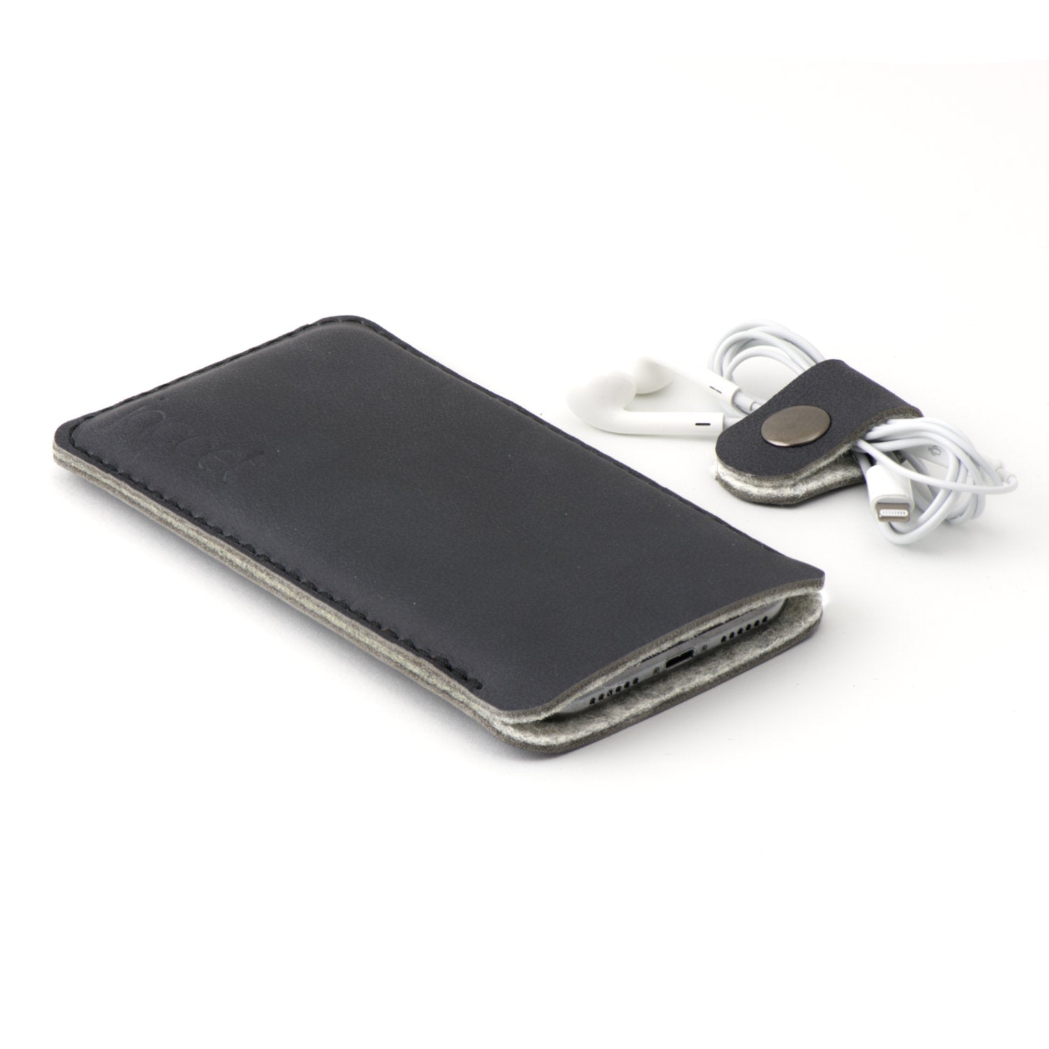 JACCET leather iPhone sleeve - anthracite/black leather with grey wool felt. 100% Handmade