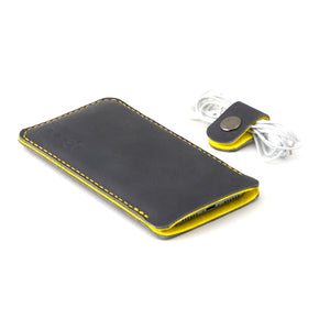 JACCET leather Samsung Galaxy sleeve - anthracite/black leather with yellow wool felt. 100% Handmade