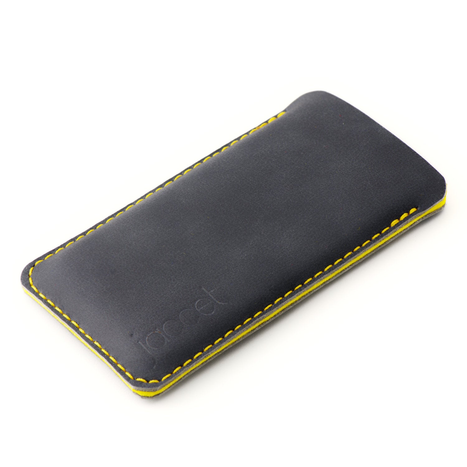 JACCET leather iPhone sleeve - anthracite/black leather with yellow wool felt. 100% Handmade