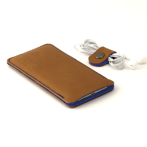 JACCET leather OPPO sleeve - Cognac color leather with blue wool felt - 100% Handmade