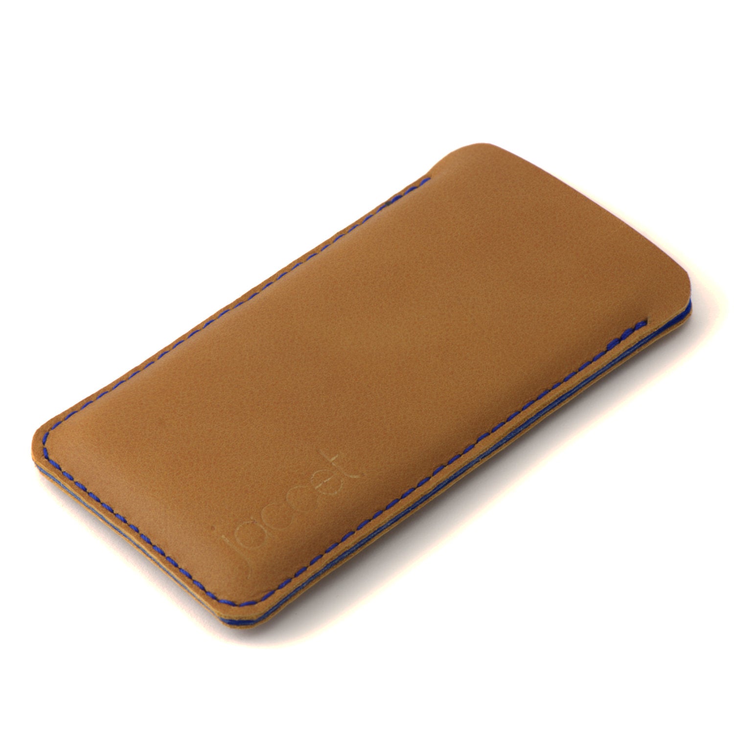 JACCET leather iPhone sleeve - Cognac color leather with blue wool felt - 100% Handmade