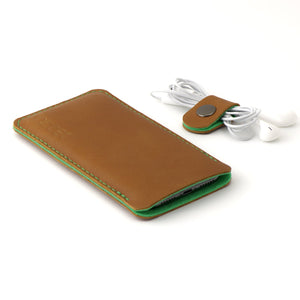 JACCET leather Google Pixel sleeve - Cognac color leather with green wool felt - 100% Handmade