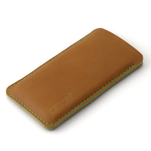 JACCET leather iPhone sleeve - Cognac color leather with green wool felt - 100% Handmade
