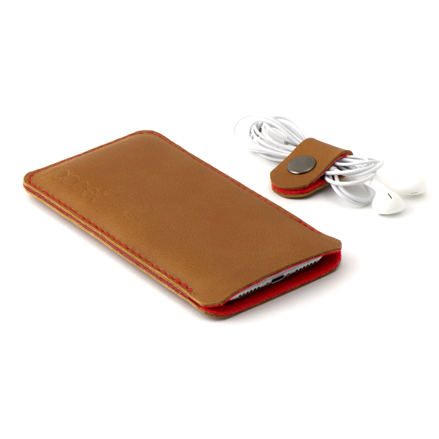 JACCET leather OPPO sleeve - Cognac color leather with red wool felt - 100% Handmade