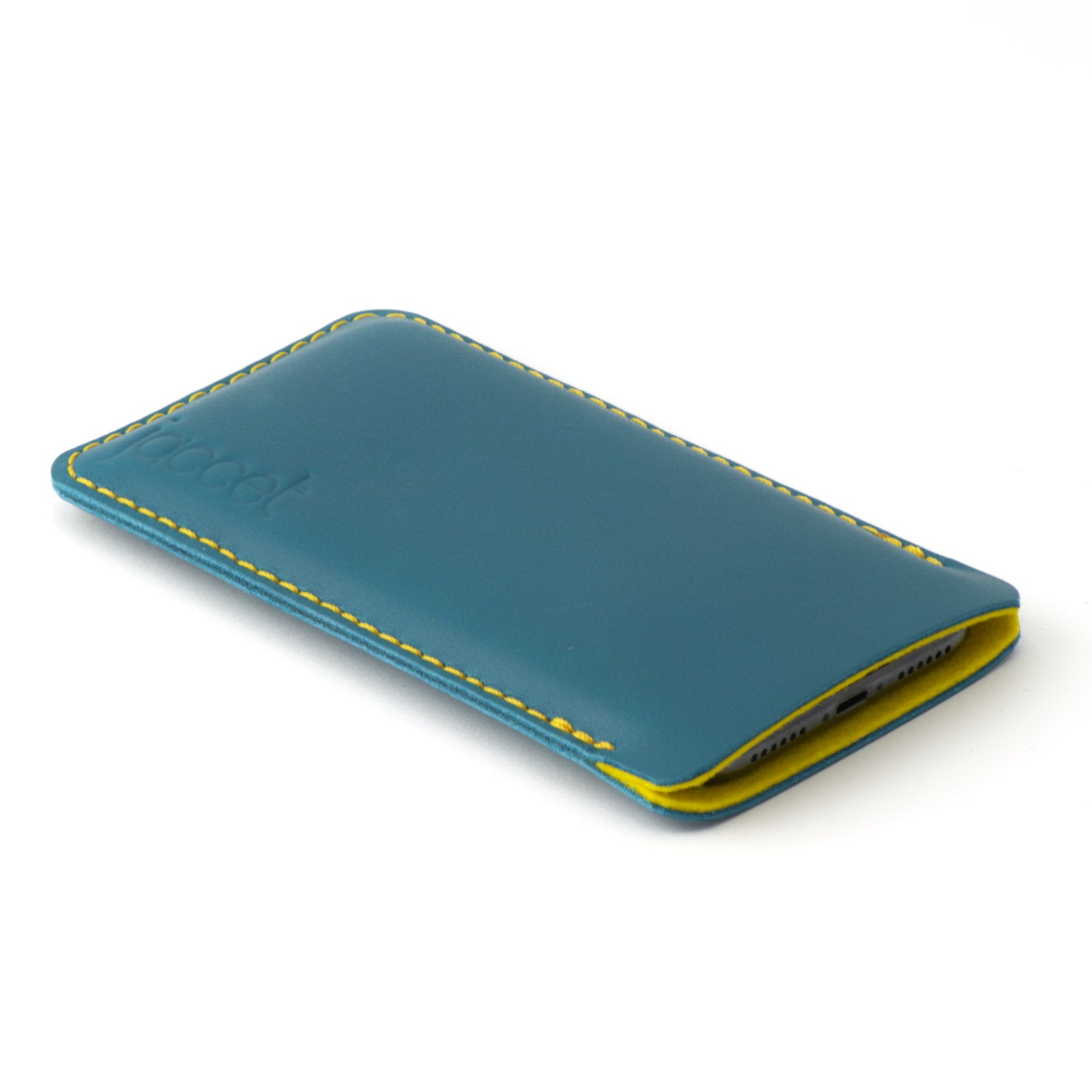 Full-grain leather iPhone sleeve - Turquoise leather with yellow wolvilt - 100% handmade
