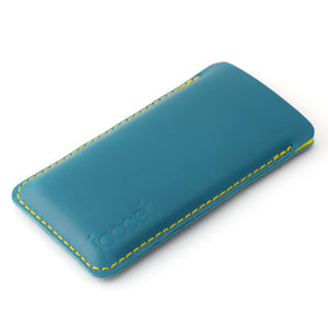 Full-grain leather OnePlus sleeve - Turquoise leather with yellow wolvilt - 100% handmade