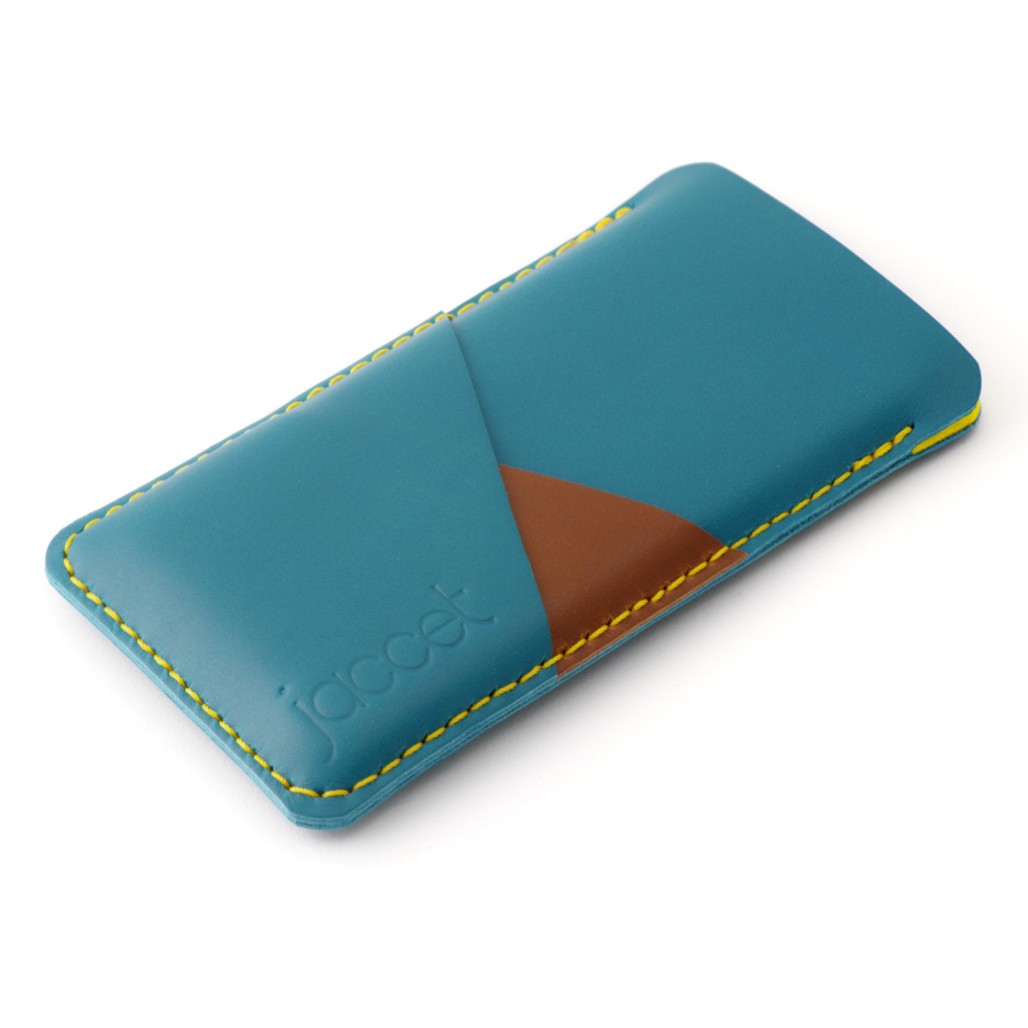 Full-grain leather iPhone sleeve - Turquoise leather with two pockets for cards