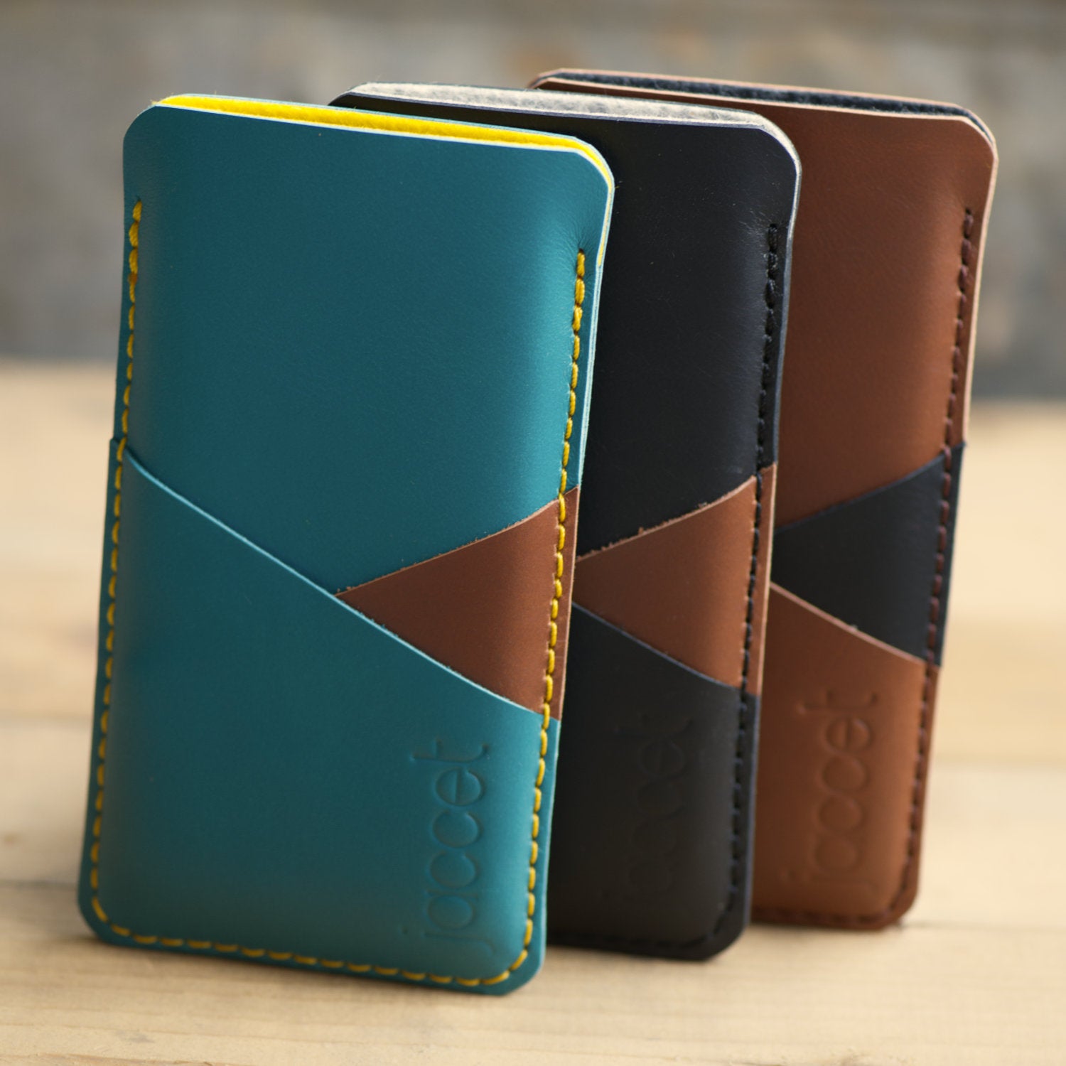 Full-grain leather iPhone sleeve - Turquoise leather with two pockets for cards